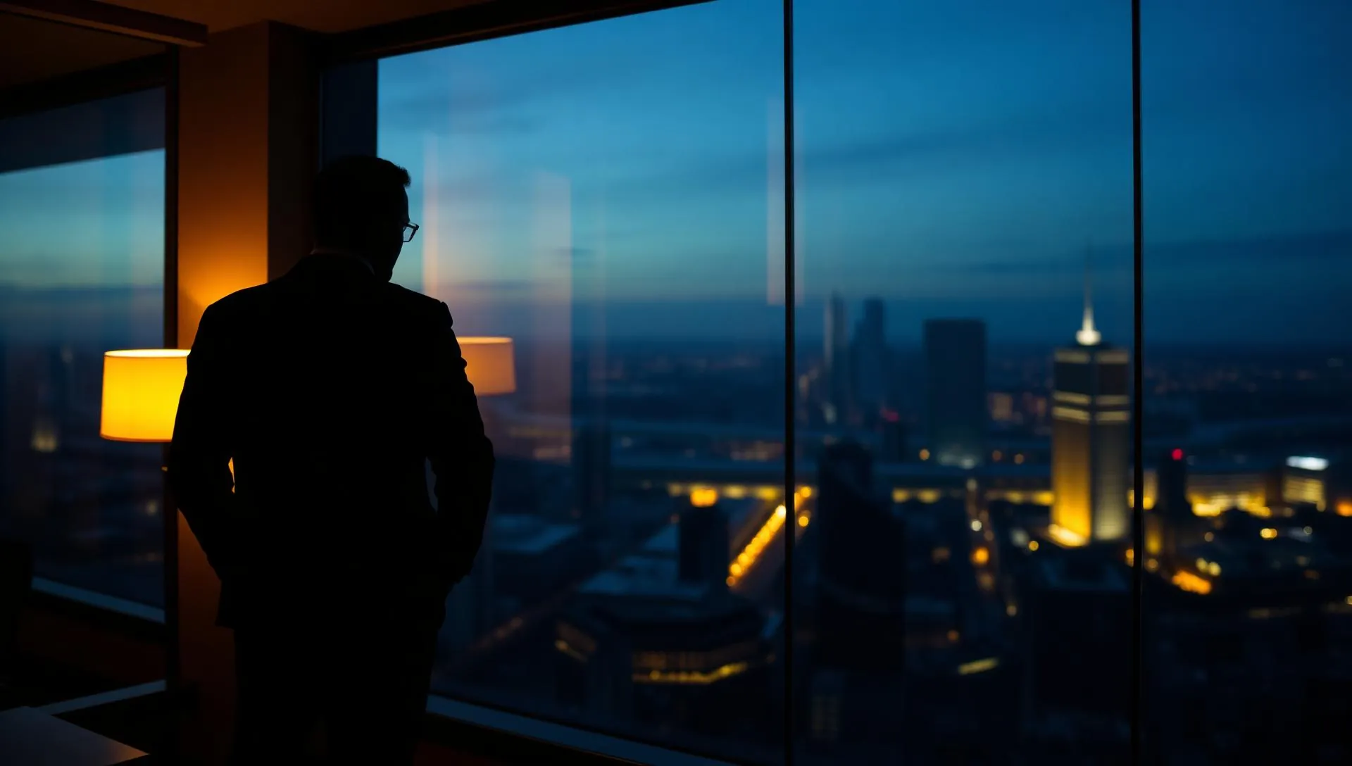 Executive at dusk overlooking the city