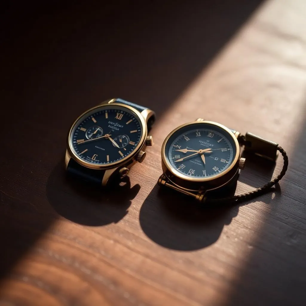 Classic wristwatch and compass on walnut